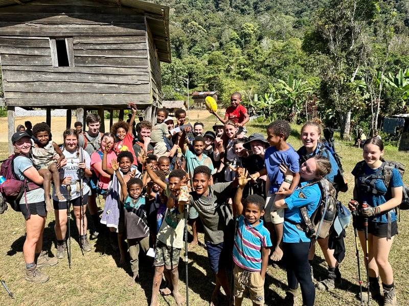 Victorian students spent time with children from local Papua New Guinea villages during the 2023 Kokoda trek. 