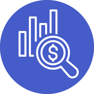 &ndash; Blue circle with bar chart and magnifying glass showing a dollar sign.
