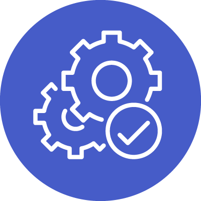 Blue circle with two gears and a check mark.